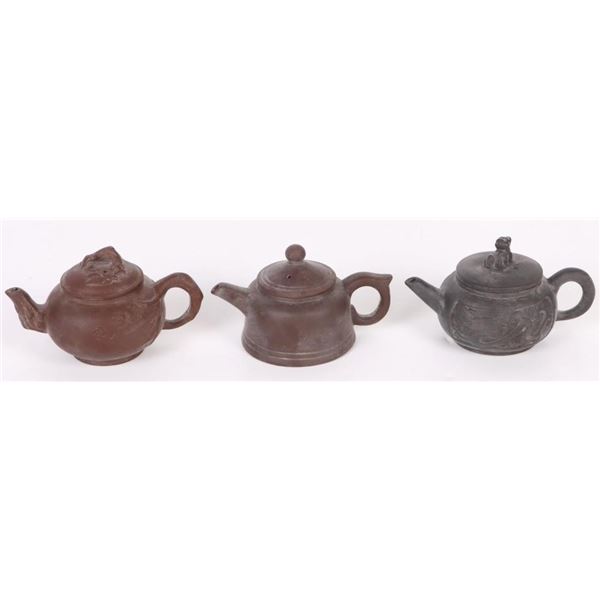 VINTAGE CARVED CHINESE CLAY TEAPOT SET - (3)