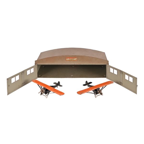 Antique Buddy L Toy Airplane Hangar & Airplanes