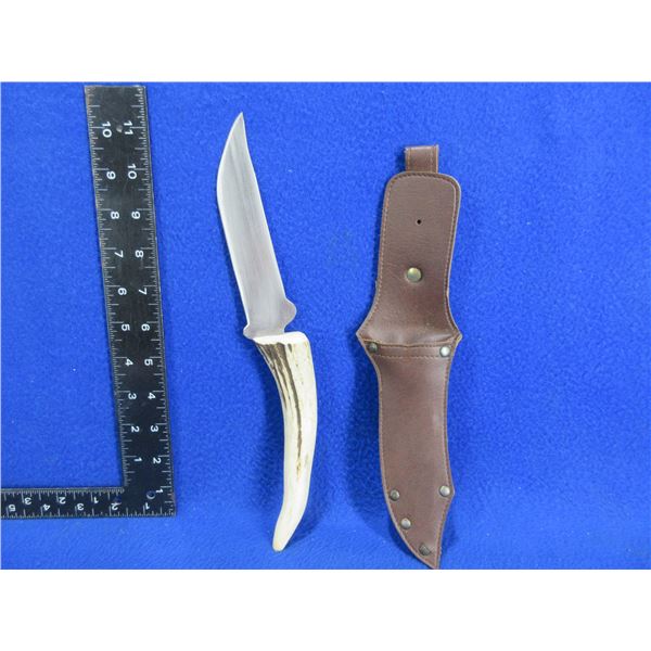 Fixed Blade Knife with Antler Handle and Leather Sheath