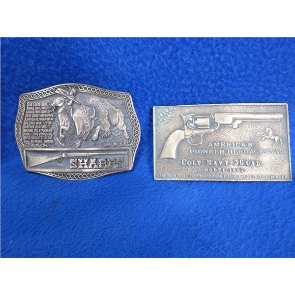 2 Brass Belt Buckles - Sharps 1979, Colt Navy 36 Cal.