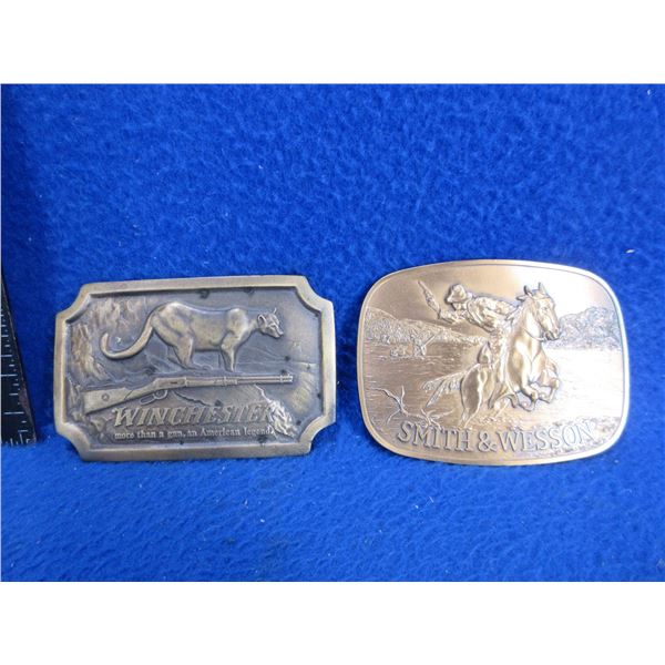 2 Brass Belt Buckles - Winchester and Smith & Wesson