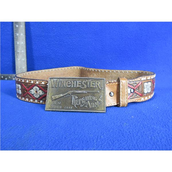 Leather Belt with Brass Winchester Repeating Arms Buckle