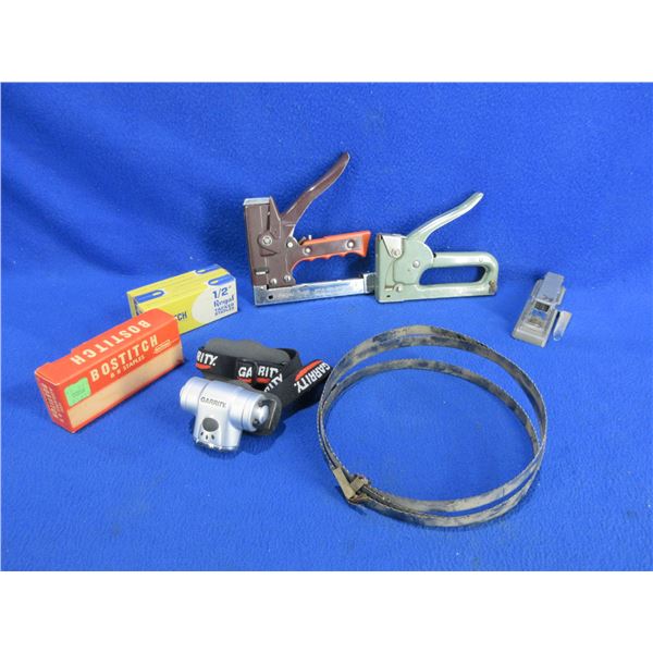 Lot of Misc. - 3 Vintage Staplers, Headlamp, Bandsaw Blade