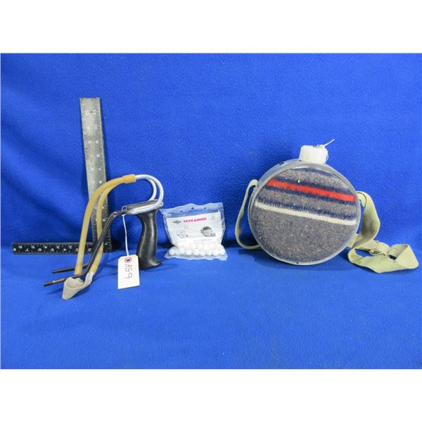 Vintage Metal Striped Wool Canteen and a Slingshot