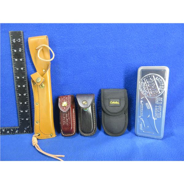 3 Leather Sheaths, Nylon Sheath and a Tin Knife Case