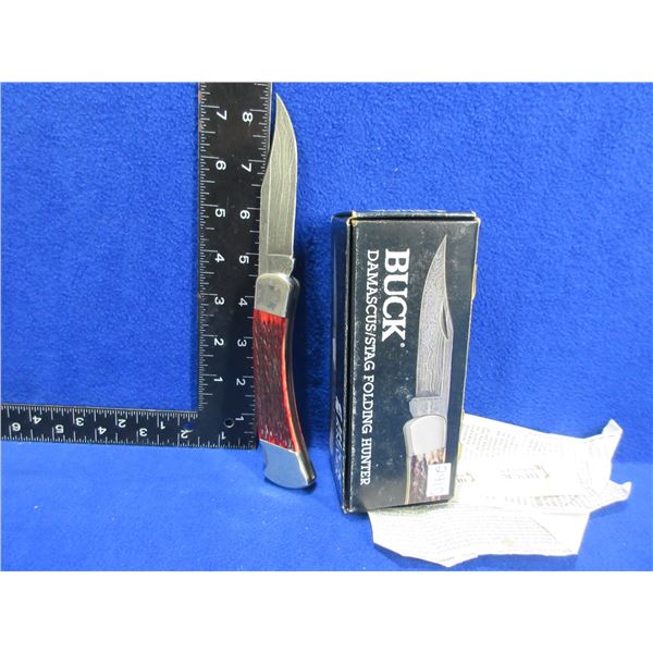Buck Damascus/Stag Folding Locking Hunter Knife