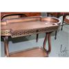 Image 2 : Modern, antique style tray table with tooled leather top and metal galley, made for McElheran's Furn