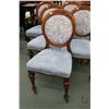 Image 2 : Antique mahogany balloon back dining chairs with blue velvet and Chinese willow patterned upholstery