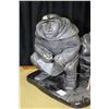 Image 2 : Hand carved black soapstone statue of two spear hunters, numbered on base, 9" X 9 3/4" X 11"