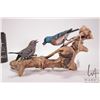 Image 8 : Two wooden bird sculptures including carved song birds and a 7 1/2" loon on wooden plinth