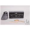 Image 2 : Soapstone carved block featuring an Inuit hunter 4" X 2" , small bone carved knives and a Wolf Origi