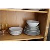 Image 2 : Shelf lot of china and glass including Thomas Germany gold and white dishes, Amberine wine glasses w