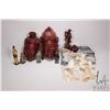Image 1 : Tray lot of Japanese collectibles including two wooden wall masks, small wooden carving, clay mudmen