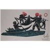 Image 2 : Unframed limited edition stencil print titled "Caribou Hunting by Kayak", pencil signed in syllabics