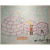 Image 2 : Framed silk screen on fabric "Building Igloos" 1973, signed in syllabics, 27" X 34". Note: Artwork c