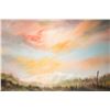 Image 2 : Stretcher framed acrylic on canvas painting of snow capped mountains under orange/pink sky, signed b