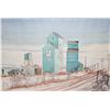 Image 2 : Unframed matted original watecolour painting of grain elevators, signed by artist Abjon Bromfield '7