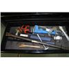 Image 8 : Husky five drawer metal tool box and handmade lower section with a large assortment of hand tools  i