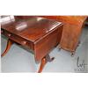 Image 2 : Antique Regency style mahogany drop leaf library table with two drawers, brass capped feet and casto