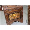 Image 2 : Lidded camphor wood chest with removable tray and brass hardware, carved Oriental pictorial panels o