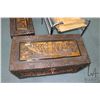 Image 2 : Lidded camphor wood chest with removable tray and brass hardware, carved Oriental pictorial panels o