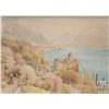 Image 2 : Gilt framed original watercolour painting of castle grounds with mountains and castle in background,