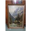 Image 1 : Original oil on board mountain landscape with train, signed by artist, ( partially hidden under fram