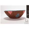 Image 2 : Hand woven, tight weave basket with colourful blue and pink diamond design, presumably African, orig