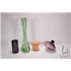 Image 1 : Three pieces of collectible glass including vintage 1940's Akro Agate slag glass beaker, 14" high ca