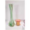 Image 2 : Three pieces of collectible glass including vintage 1940's Akro Agate slag glass beaker, 14" high ca