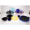 Image 1 : Selection of vintage glass, mostly in dark colours including handled snack plate, candlewick, reamer