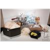 Image 1 : Selection of collectibles including hat box with hats, miniature tea sets, buehner-wanner chaffing d