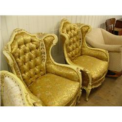 Pair of wood framed ornately carved chairs with beautiful gold upholstery (234)