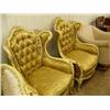 Image 1 : Pair of wood framed ornately carved chairs with beautiful gold upholstery (234)
