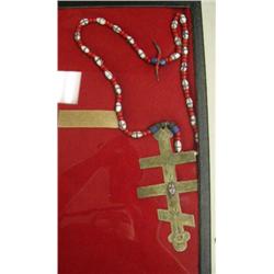 American Fur Company trade cross, stamped AFC Quebec, strung on old trade beads (3)