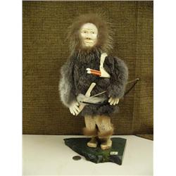 15" whaled bone ivory faced doll with ivory hands, baleen bow and fox fur, ivory tipped knife and ar