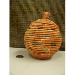 6" Hooper Bay style grass basket with dyed berry juice, green and purple design (2)