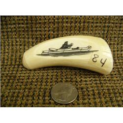 4" whales tooth scrimshawed with ivory kayaker, circa 1950 (2)