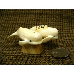 Pair of beluga whales mounted on ivory 2.5" long by Mark Seeganna from King Island (2)