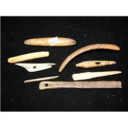 Lot of 8 ancient Eskimo artifacts, harpoons, net weights, bucket handle, knife handle, etc. (3)