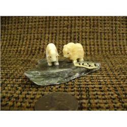 CHOICE on 4 walrus ivory musk ox by Robert Kokuluk of King Island: mounted on soapstone (2)