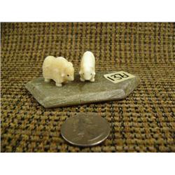 CHOICE on 4 walrus ivory musk ox by Robert Kokuluk of King Island: mounted on soapstone (2)