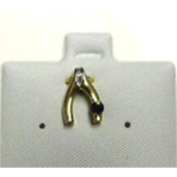 Sapphire and diamond wishbone pendant 10k yellow gold: Sapphire (round, faceted, appox. .05 carats, 