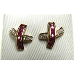 Ruby and diamond earrings 14k yellow gold: Ruby (round, faceted, approx .36 carats, clarity transluc