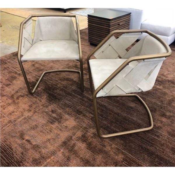 Qty 2 Cantilever Chairs, Natural Suede Leather w/ Brass Frame 22"W x 27"H