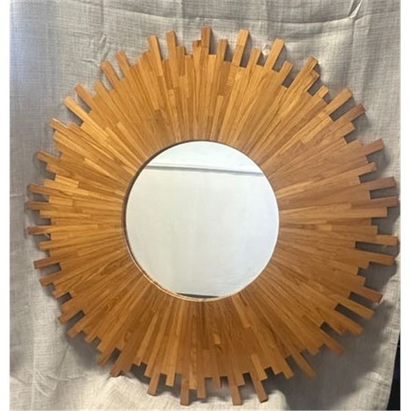 Large Sunburst Wall Mirror, Natural Teak Wood, 40" Dia.