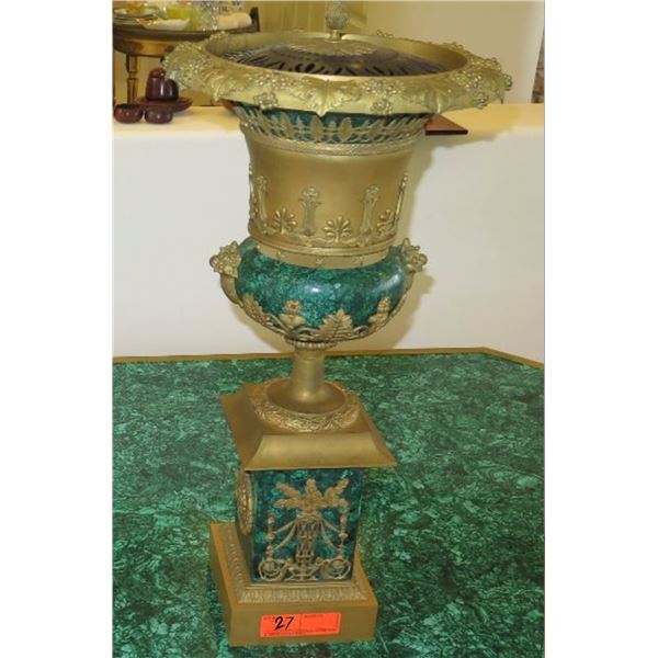 Very Large Brass Cast Chalice w/ Ornate Gilt Relief and Faux Malachite Overlay 24" H