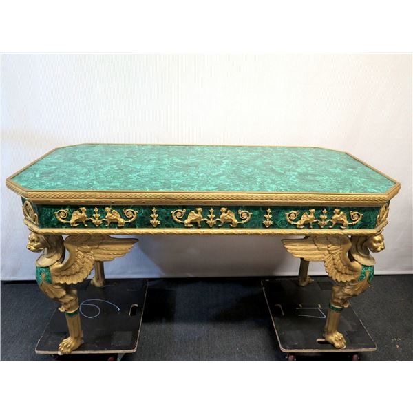 Large Empire Style Gilt Faux Malachite Table w/ Clawfoot Detail 63" x 31" x 33"H