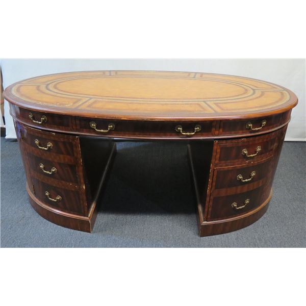 Maitland-Smith Oval Executive Desk w/ Drawers & Cabinet, Marquetry Detail 70" x 44" x 30"H