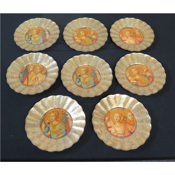Qty 8 Lesley Roy Hand Illuminated Minstrel Angels Fluted Plates in 24kt Gold 8" dia